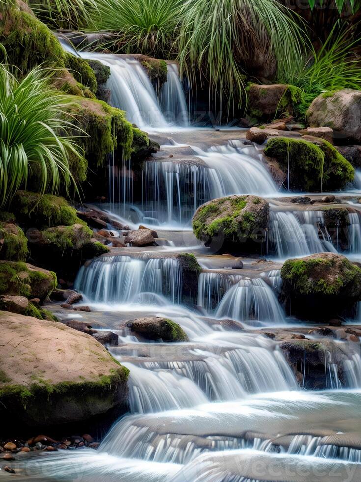 magnifique la nature paysage vue de ruisseau cascade dans le forêt, ai génératif photo