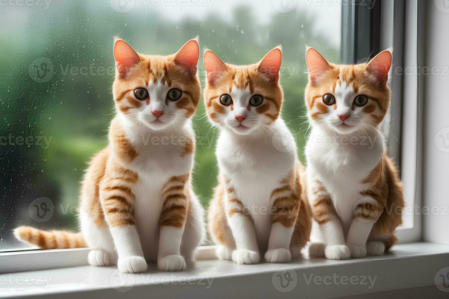 réaliste photo proche en haut de mignonne chat séance suivant à verre fenêtre, pleuvoir dehors, génératif ai