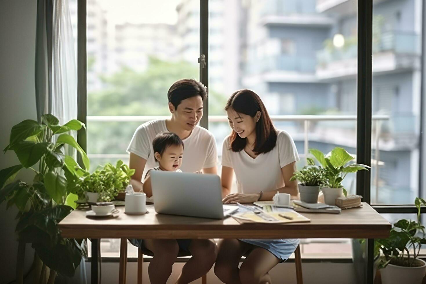 Jeune famille en utilisant portable photo