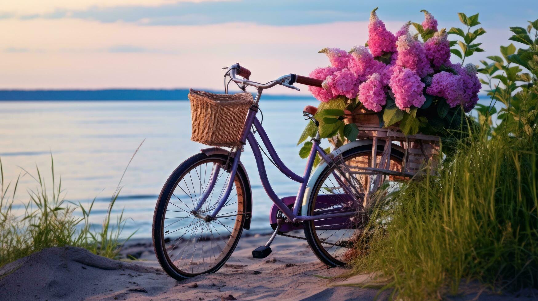 vélo avec une panier est assis sur Haut de le sable près le océan photo