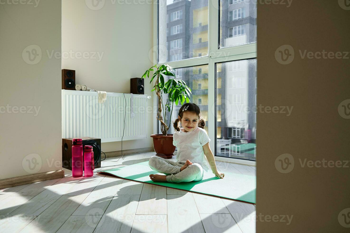 charmant fille avec queues de cheval souriant joliment à le caméra séance sur une aptitude tapis dans lotus position tandis que apprentissage yoga entraine toi à Accueil photo