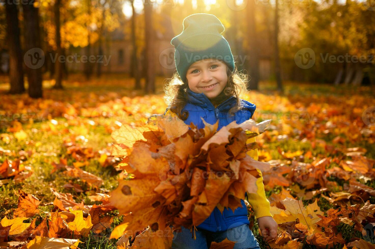 magnifique 4 ans vieux peu fille séance dans une d'or érable parc parmi déchue feuilles à le coucher du soleil et sourit gentiment, à la recherche à le caméra, en portant une collecté sec bouquet de l'automne feuilles dans sa mains photo