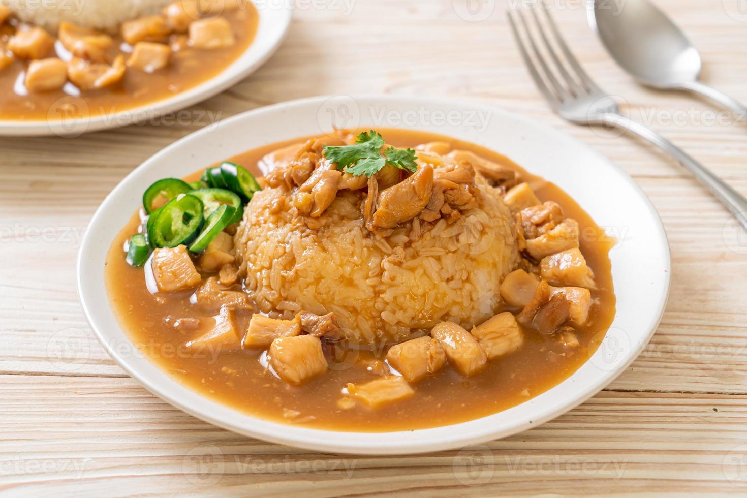 poulet en sauce brune ou sauce gravy avec riz photo