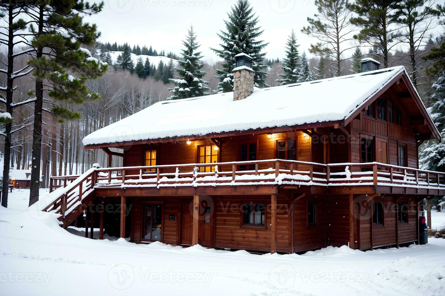réaliste photo paysage de hiver neige forêt et bois loger, ai génératif