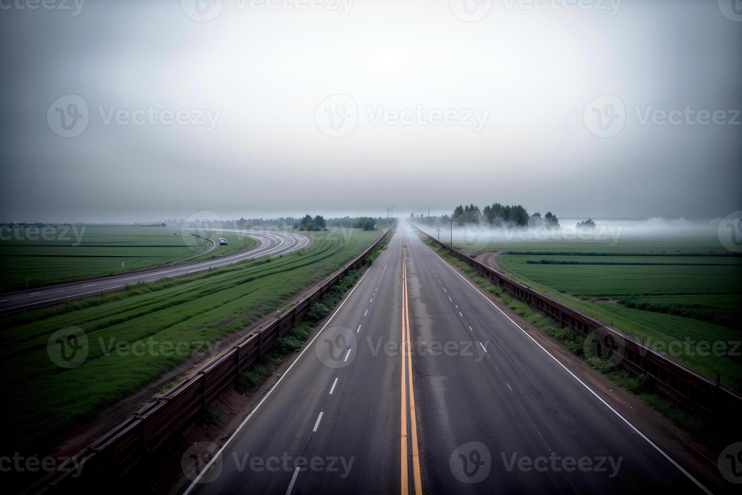 réaliste photo oiseau vue de le vide Autoroute par le des champs dans une brouillard, ai génératif