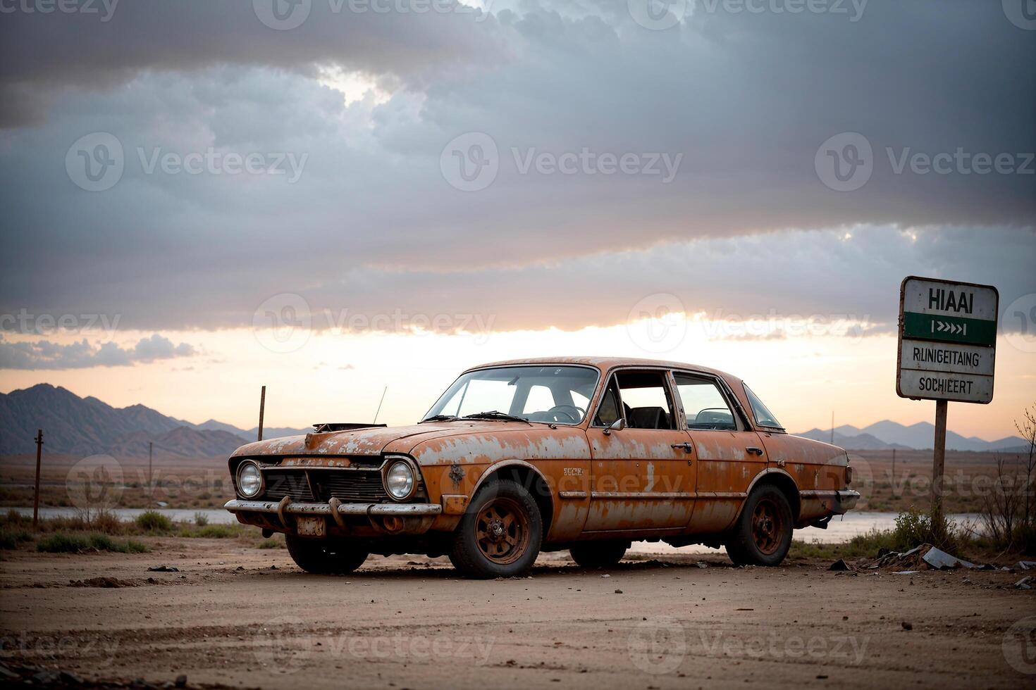 réaliste photo de déserté vieux cassé rétro ancien voiture, ai génératif