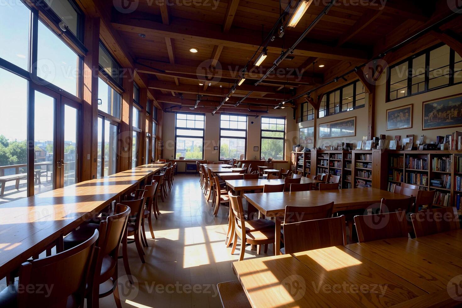 réaliste photo intérieur de bois table chaises avec brillant fenêtre léger bibliothèque étude pièce