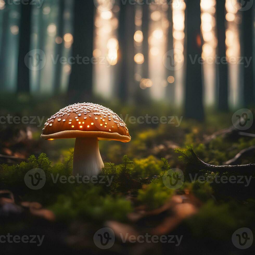 réaliste photo de embrasé champignon dans une brumeux forêt à crépuscule, ai génératif