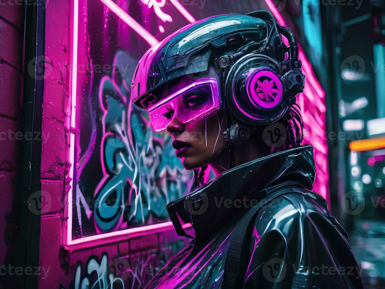 femme portant futur style halmet avec néon vaporwave cyberpunk rue arrière-plan, ai génératif photo