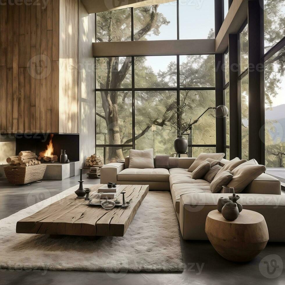 le minimaliste intérieur conception de le moderne vivant pièce avec rustique accent pièces génératif ai photo