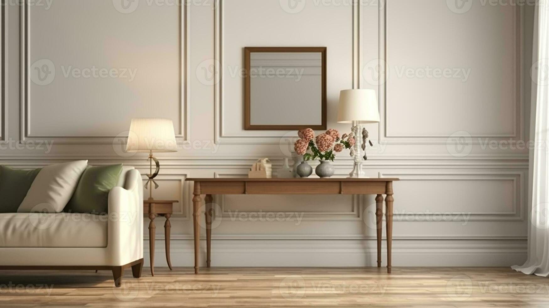 console table dans une classique vivant pièce intérieur. 3d illustration. génératif ai photo