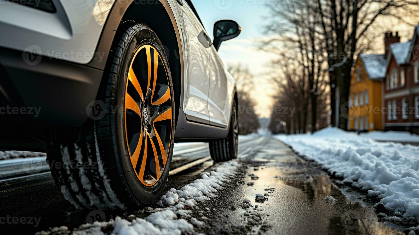 voiture avec hiver pneus dans hiver, neige et route, génératif ai 27078435  Photo de stock chez Vecteezy