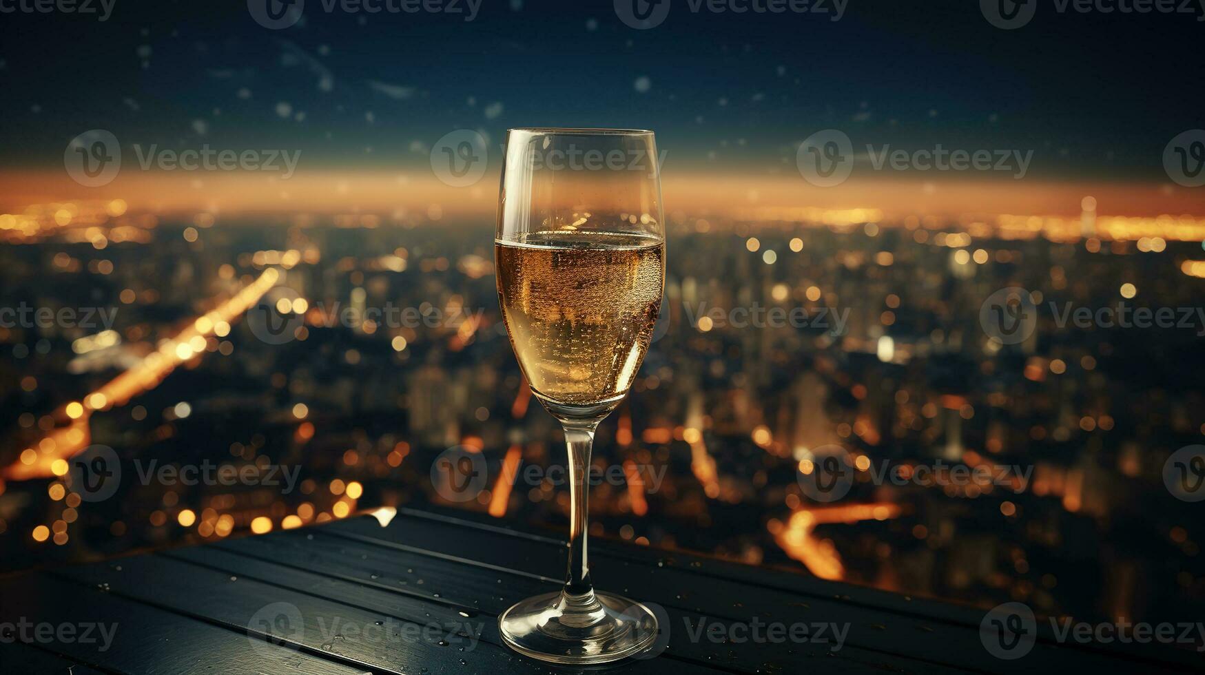 verre de Champagne dans le nuit sur le Haut de une gratte-ciel plus de le ville, magnifique nuit ville ligne d'horizon. génératif ai photo