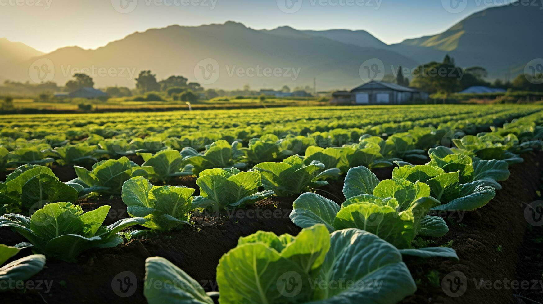 biologique salade prospère dans une durable ferme au milieu de majestueux Matin montagnes. génératif ai photo