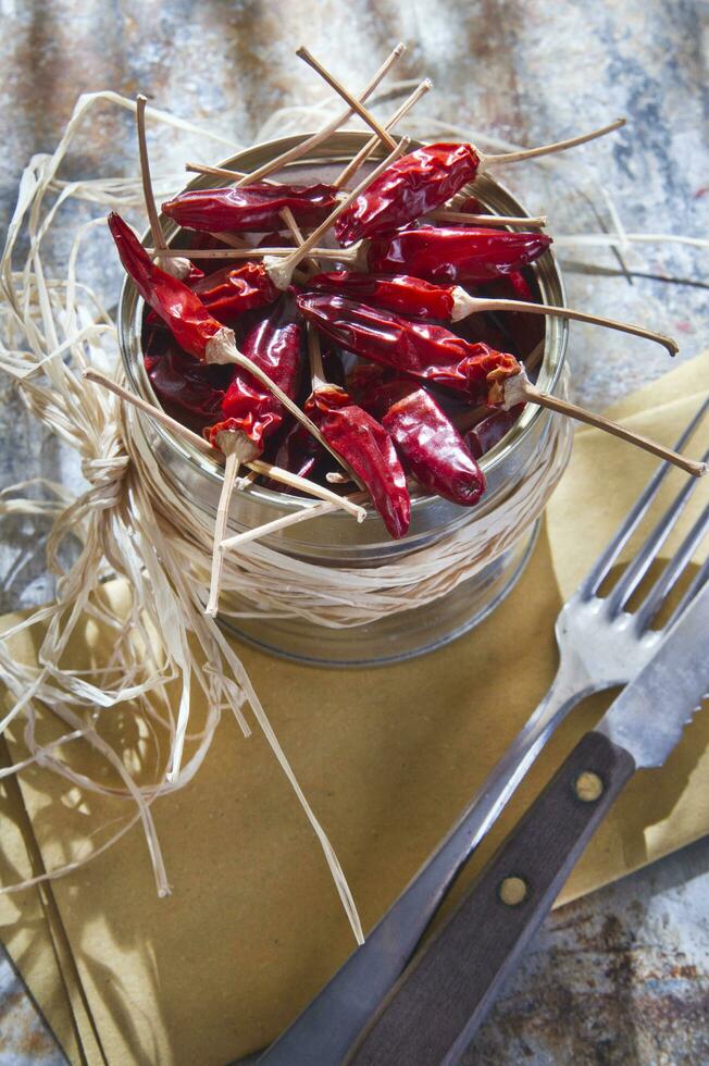 une argent récipient avec séché rouge poivrons photo