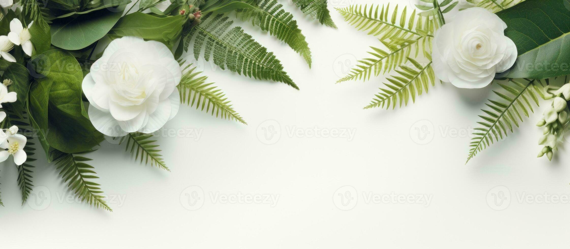 une floral arrangement avec vide espace dans le milieu. le vert feuilles de eucalyptus, fougère, et photo