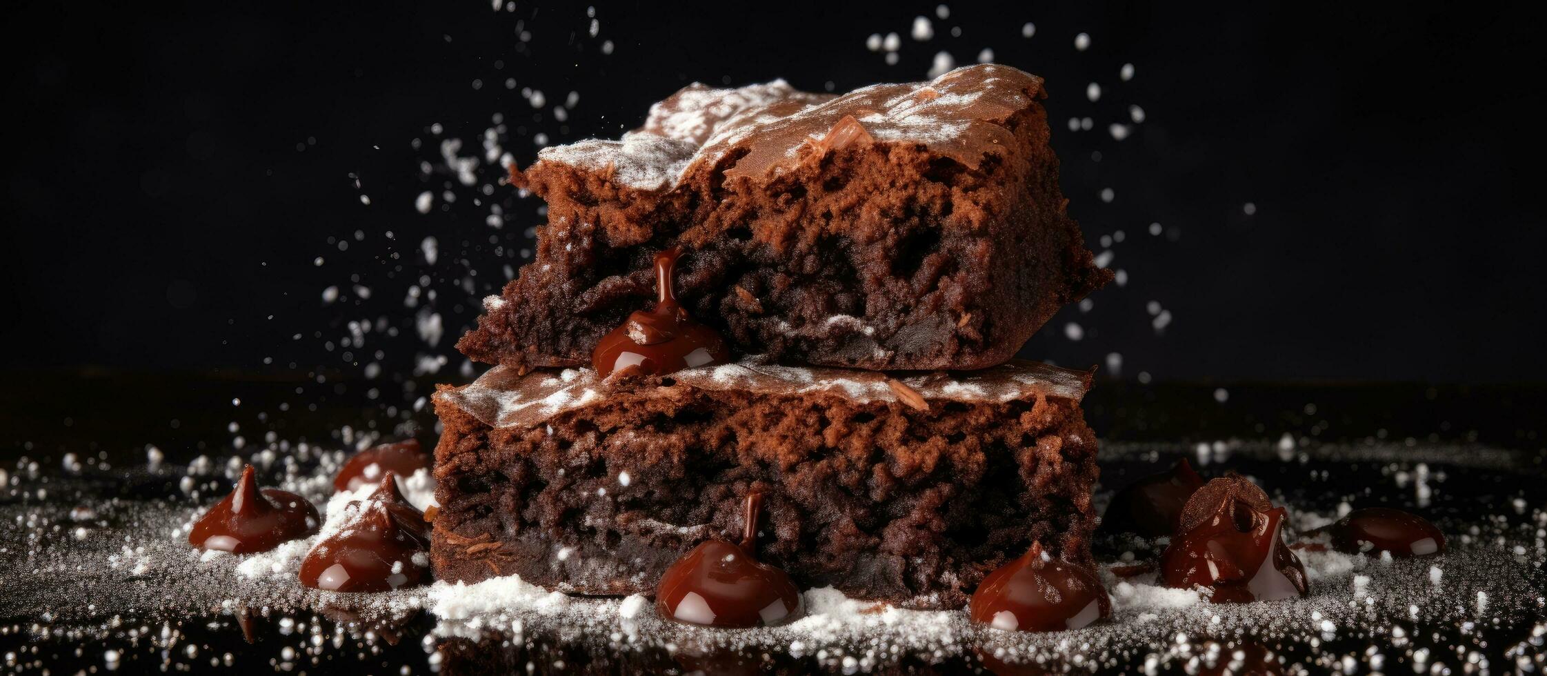 une empiler de Brownies sur une noir arrière-plan, une savoureux fait maison Chocolat dessert, une lutin avec en poudre photo