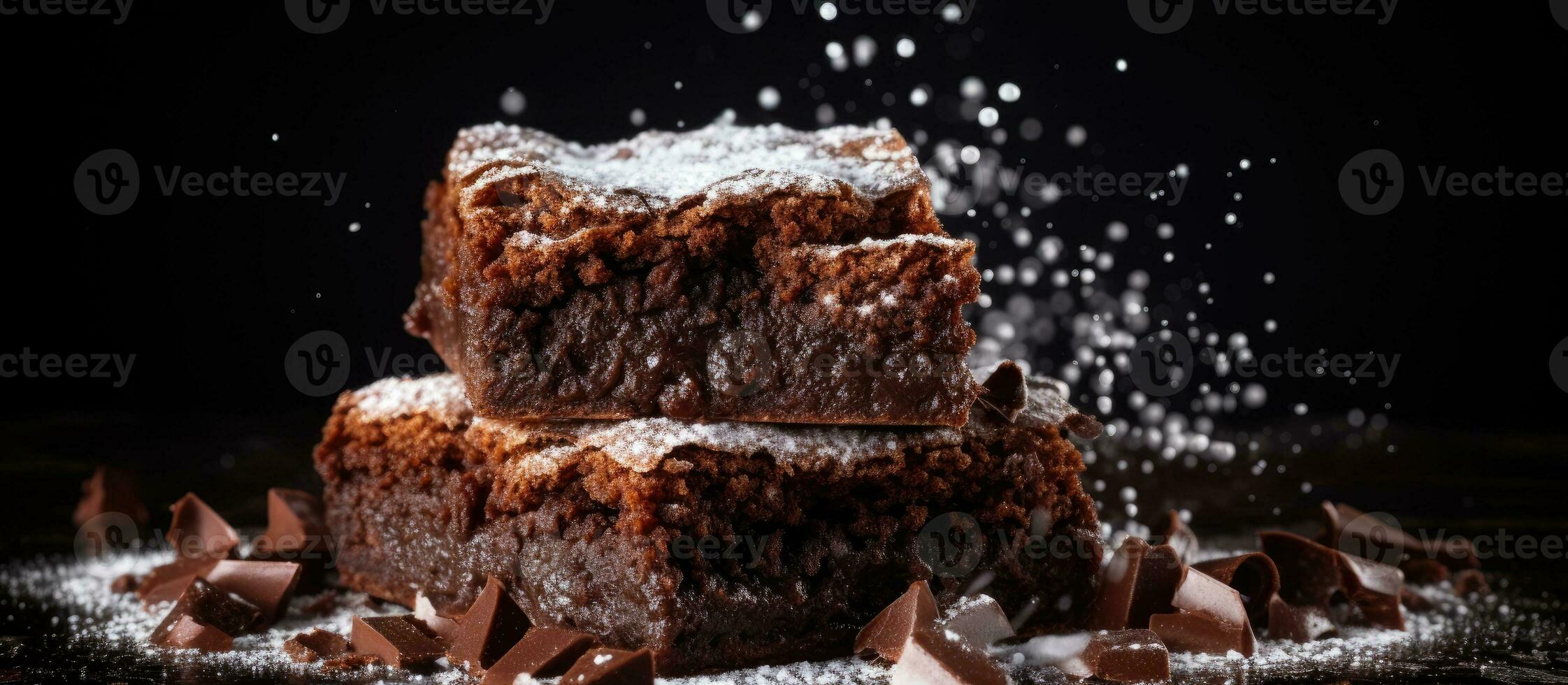 une empiler de Brownies sur une noir arrière-plan, une savoureux fait maison Chocolat dessert, une lutin avec en poudre photo