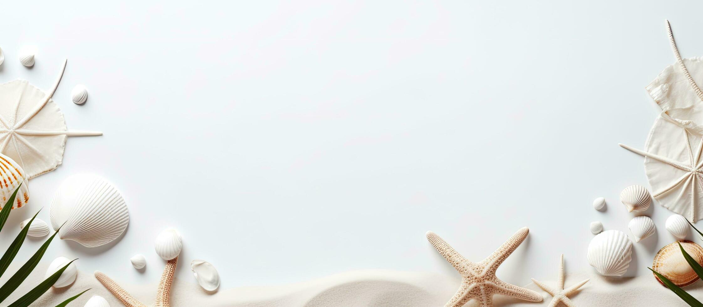 blanc le sable Cadre orné avec eucalyptus feuilles, coquillages, et une étoile de mer, avec une corde pour photo