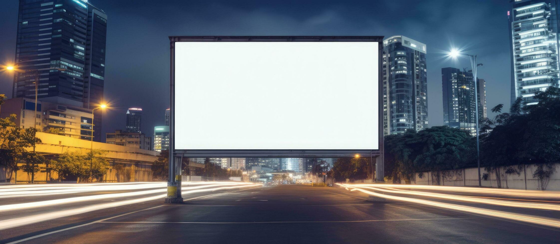une Vide panneau d'affichage avec espace pour texte ou contenu est représenté dans une maquette dans une gros ville pendant photo