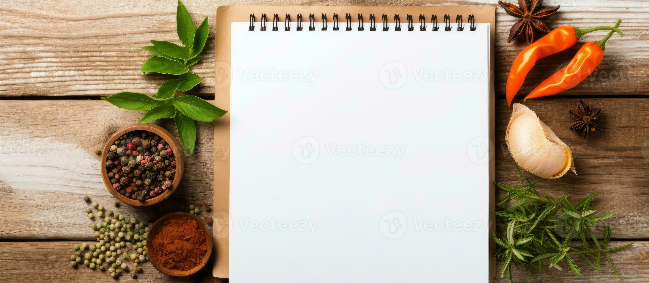 une recette bloc-notes avec herbes et épices est vu de une Haut vue sur une en bois blanc arrière-plan, photo