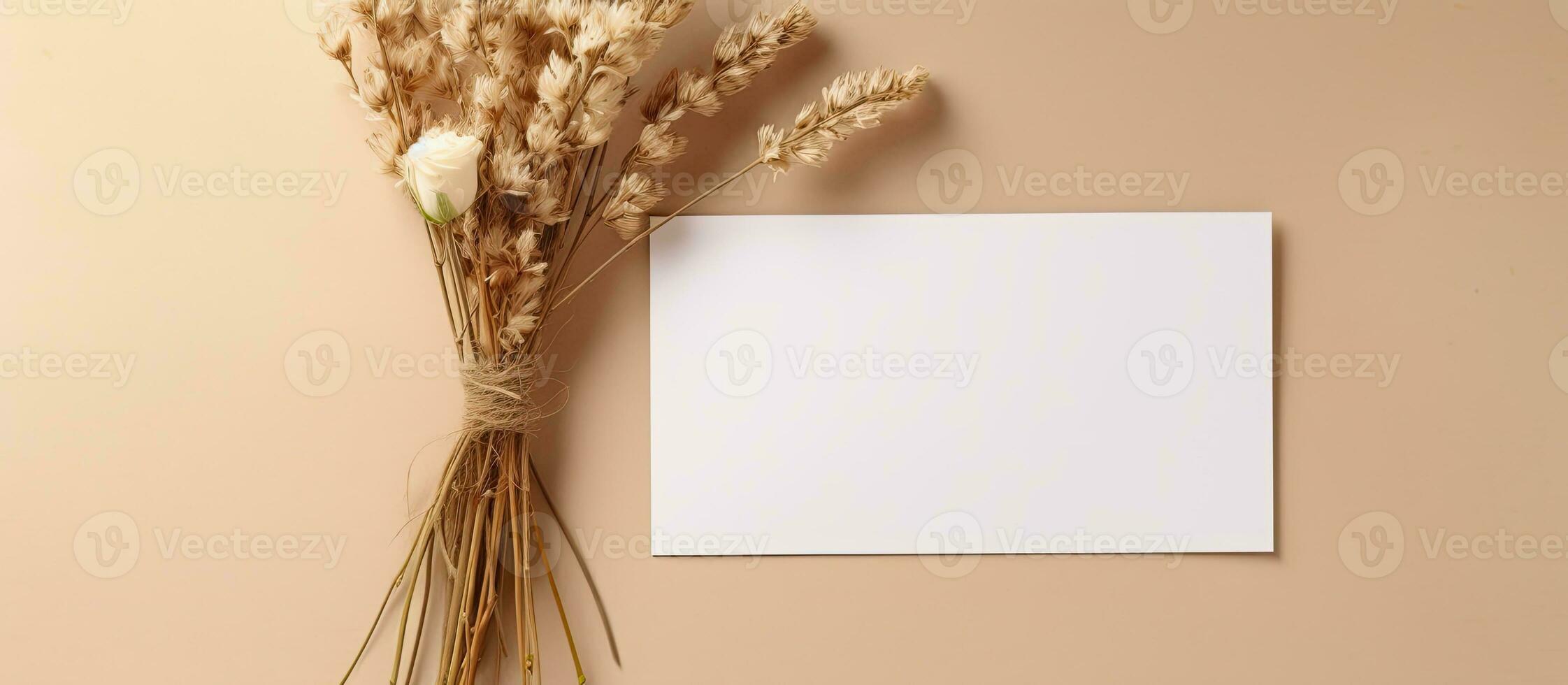 Haut vue de une Vide blanc carte pour texte et enveloppe mis à côté de une bouquet de séché lagurus photo