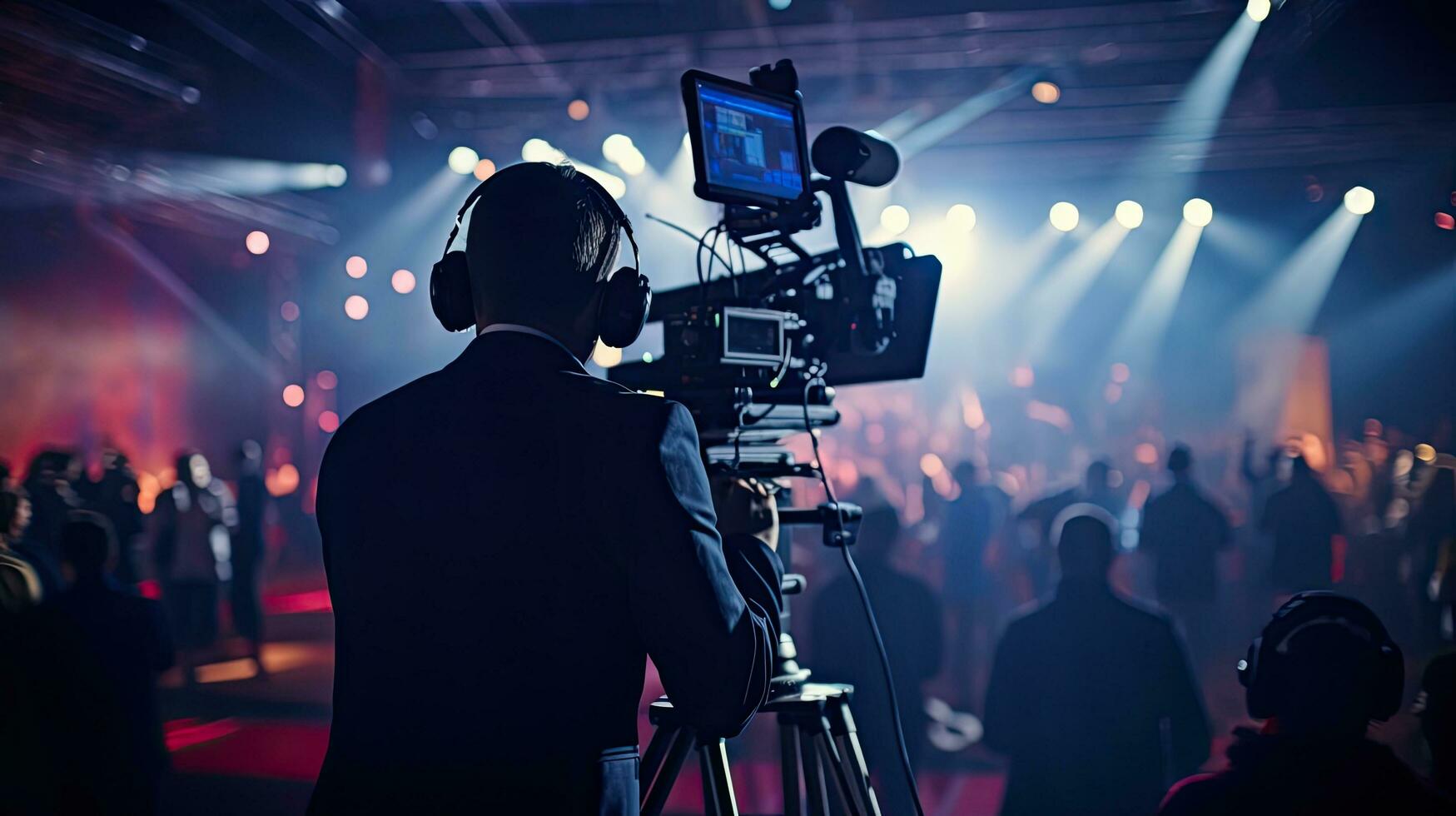 expérimenté cameraman enregistrement vivre un événement nouvelles studio avec sélectif concentrer photo