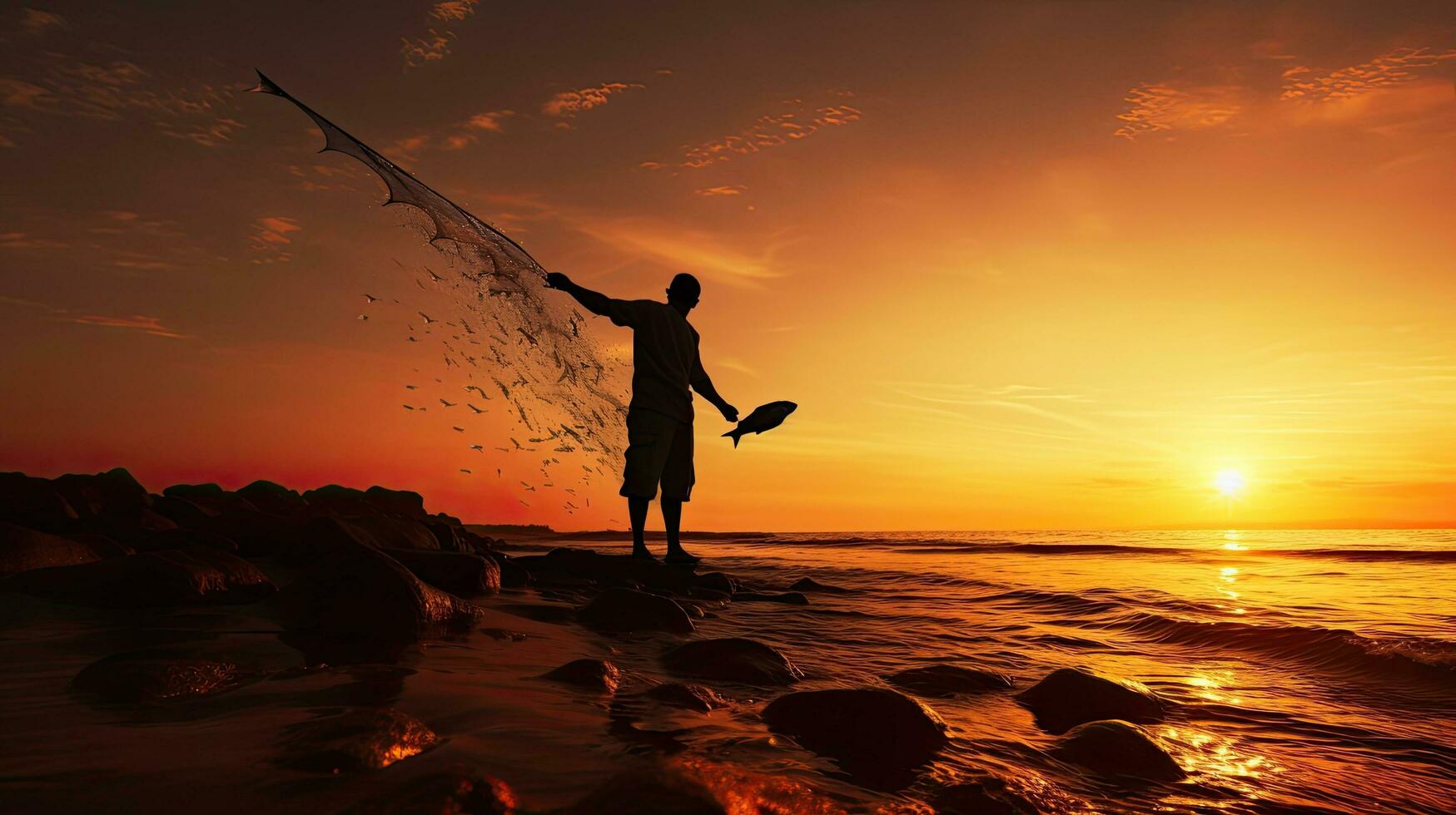 pêcheur ambulant le long de le rive porter le sien capture photo