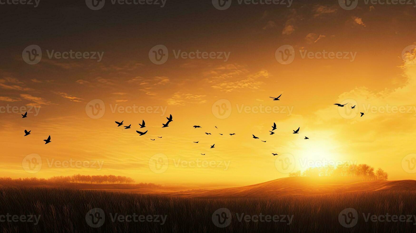 silhouette traverser et des oiseaux en volant dans l'automne lever du soleil Prairie Contexte de Merci donnant concept photo