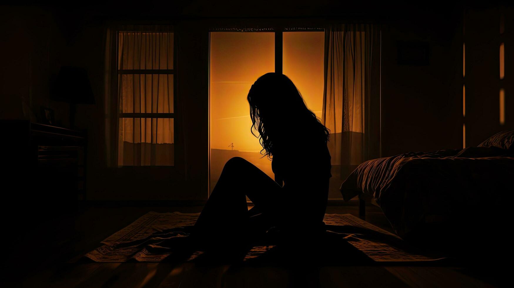 pleurs femme séance sur une lit dans une chambre photo