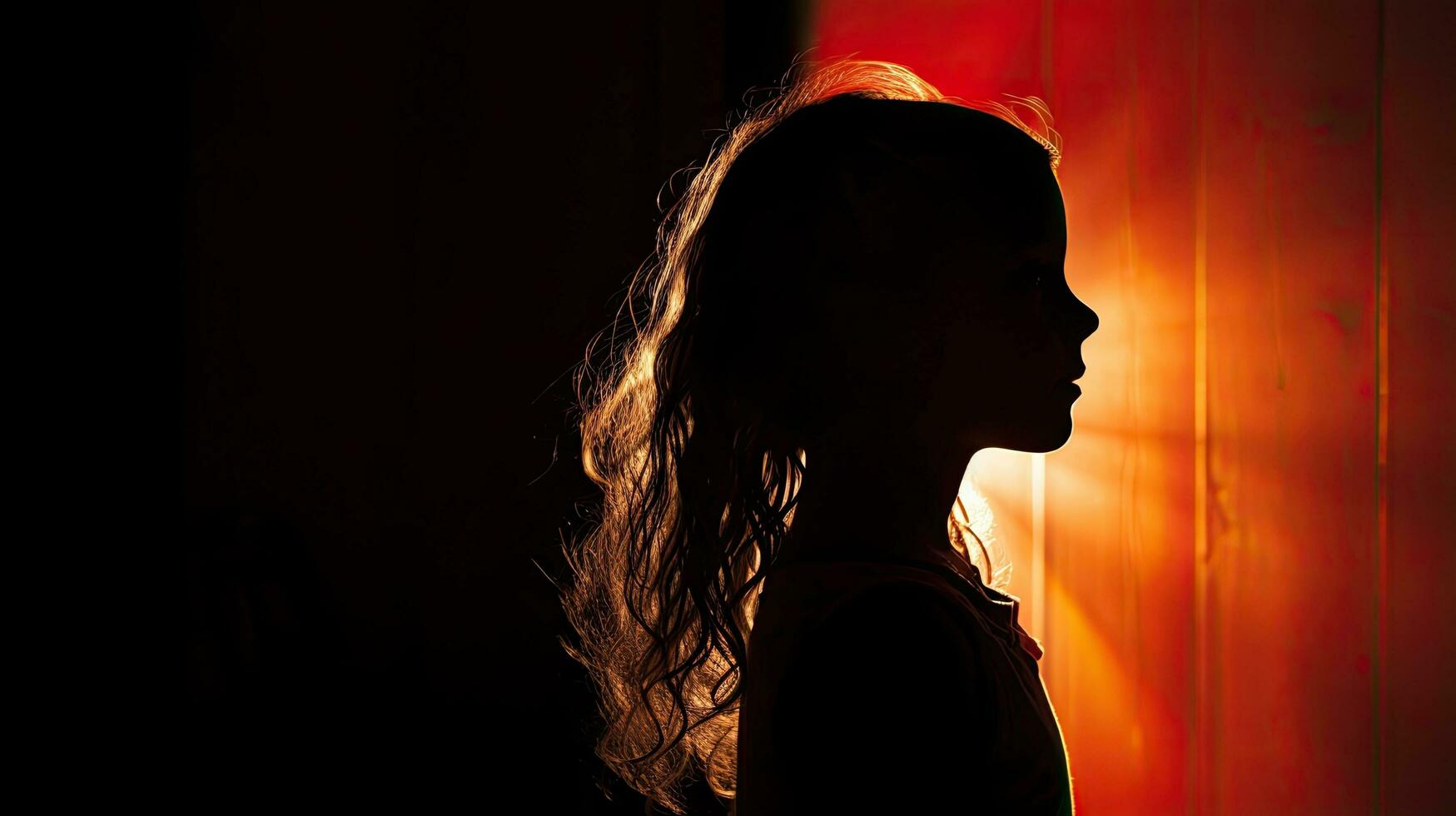 rétro-éclairé fenêtre mettant en valeur silhouette de Jeune fille avec foncé visage et brillant cheveux sur verticale bannière photo