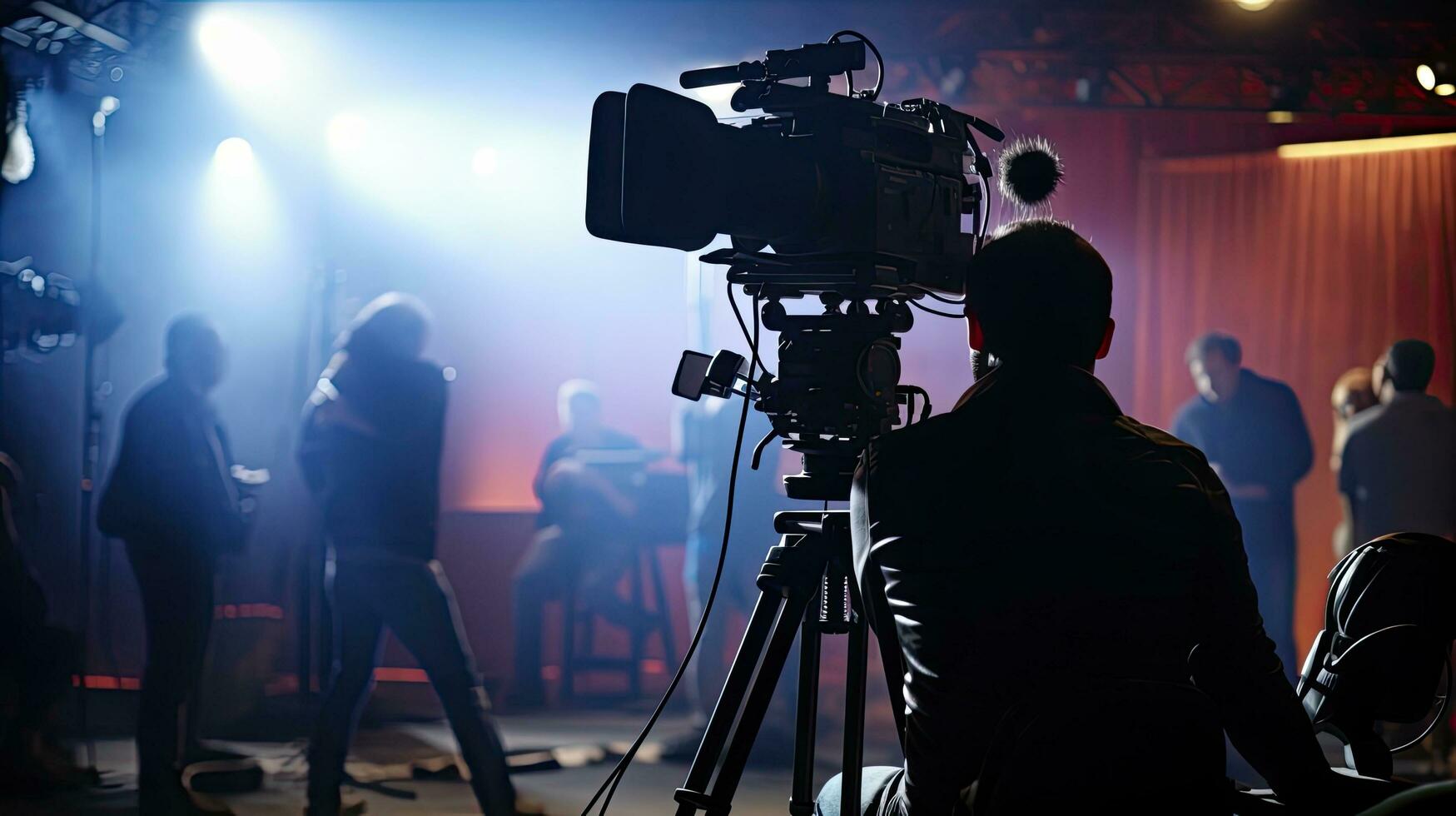 expérimenté cameraman enregistrement vivre un événement nouvelles studio avec sélectif concentrer photo