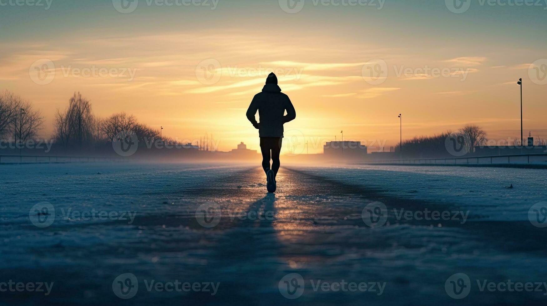 athlète exercice sur congelé Piste dans hiver ville Matin motivation photo