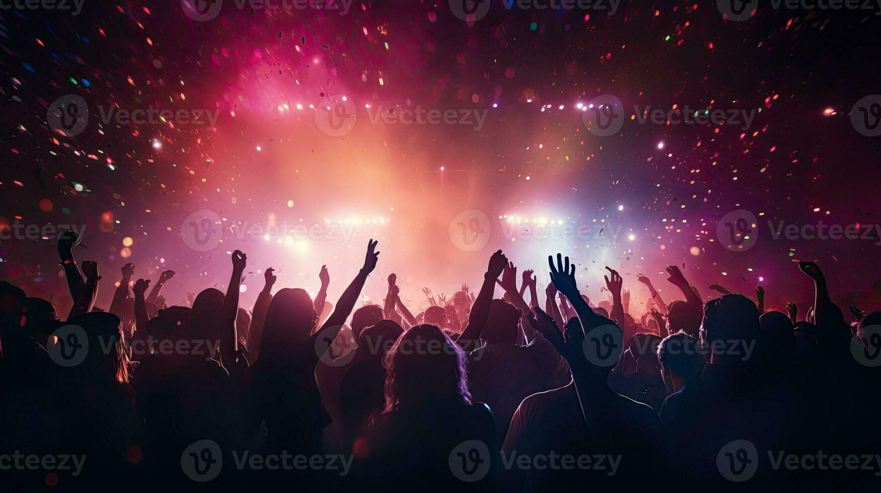 concert foule avec coloré étape lumières et confettis photo