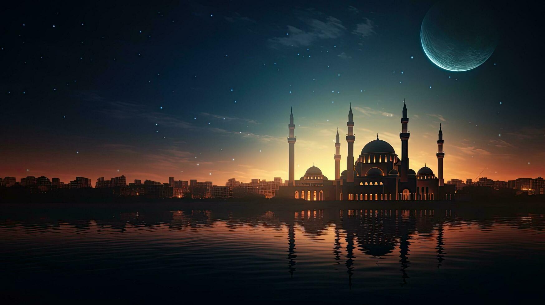 islamique mosquée à le coucher du soleil avec une magnifique lune dans le ciel création une saint et serein nuit photo