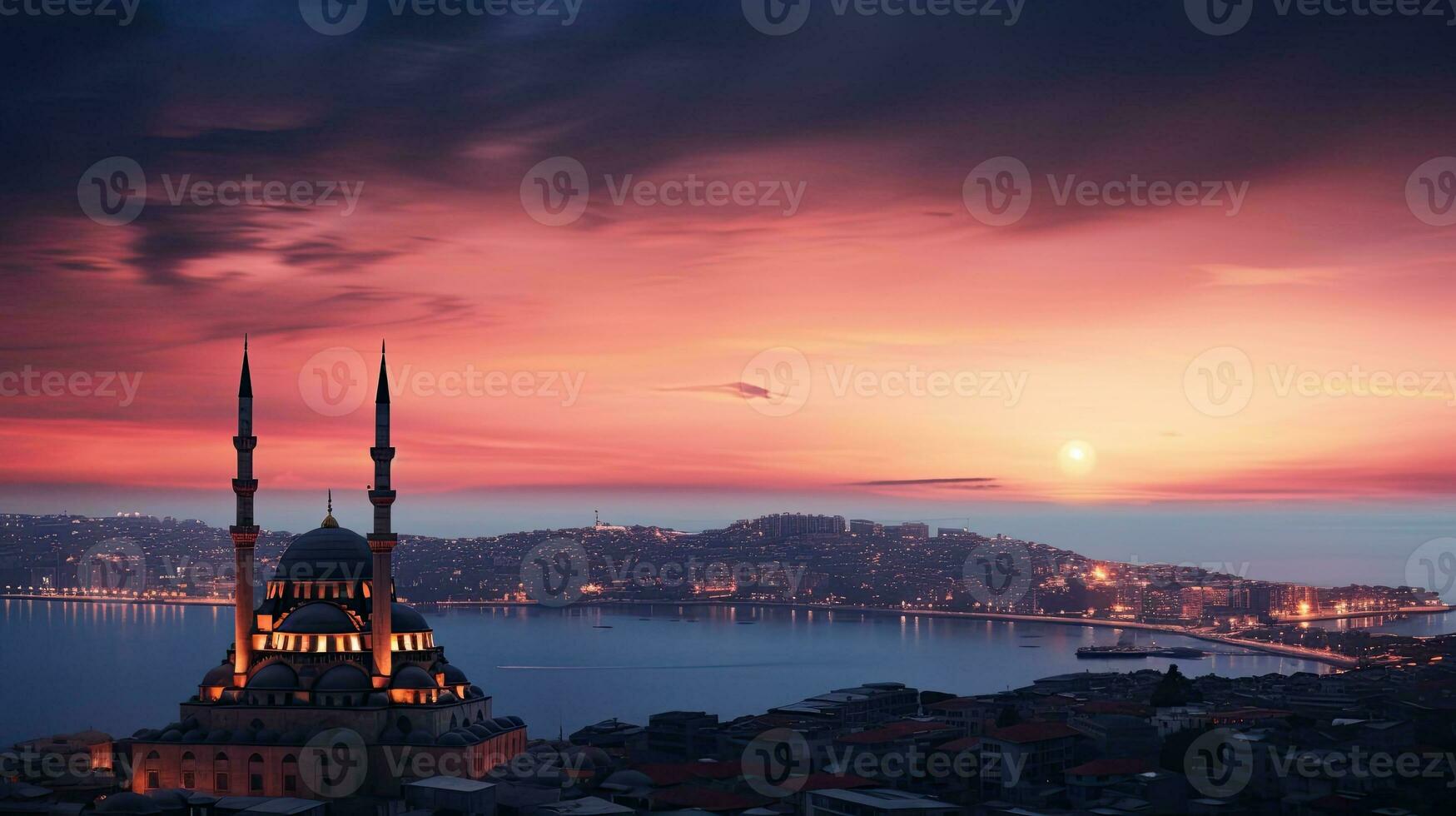 nuit vue de au dessus de Istanbul avec le s leymaniye mosquée silhouette contre une rouge soir ciel et le mer de marmara dans le Contexte photo