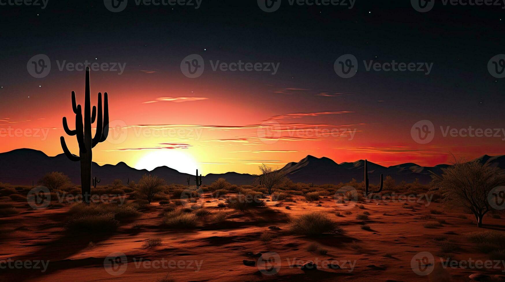 éclairé par la lune silhouette de une saguaro cactus dans le désert paysage photo