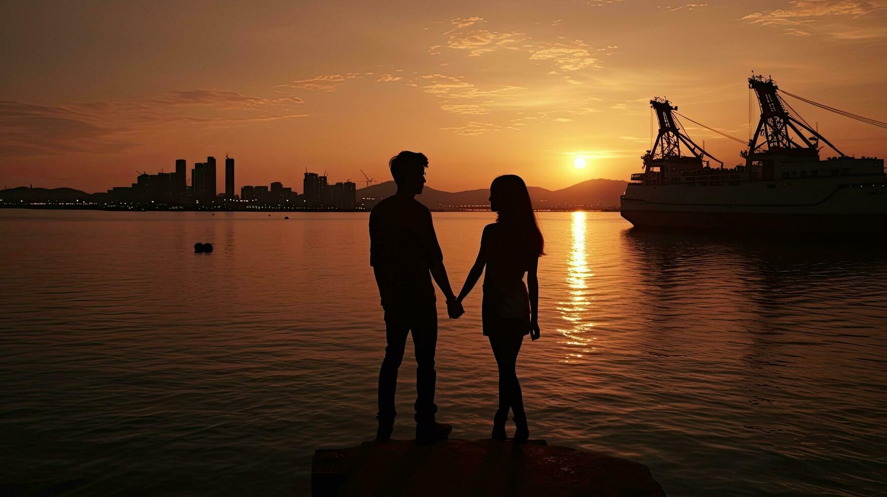 romantique couple en portant mains profiter le coucher du soleil à occidental district Publique cargaison travail zone Kennedy ville victoria port Hong kong photo