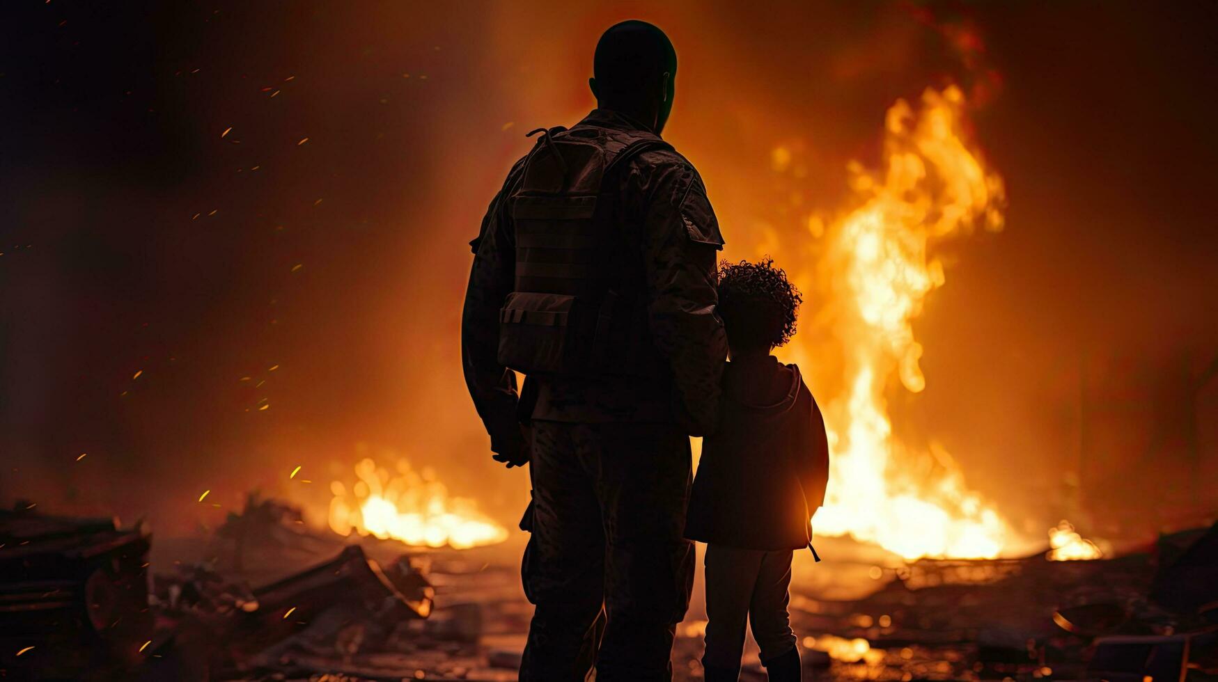 soldat sauve garçon de guerre déchiré ville photo