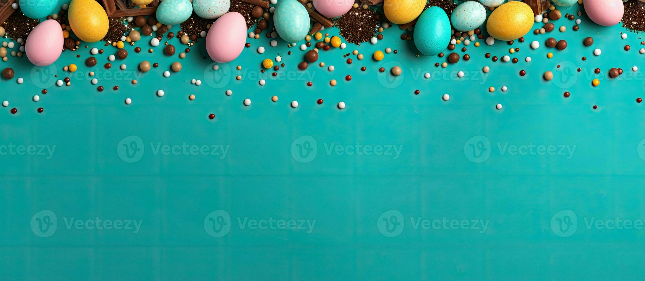 Haut vue image de Pâques lapin Chocolat des œufs avec décorations sur une turquoise Contexte en quittant espace photo