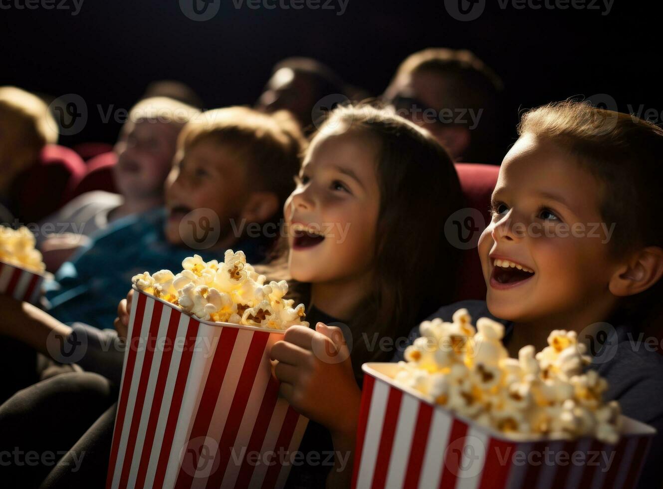 Jeune des gamins souriant attendre avec pop corn à cinéma photo