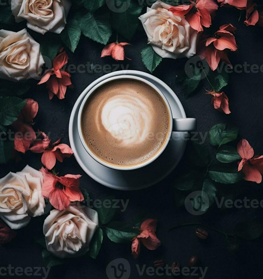 café tasse avec des roses fleurs photo