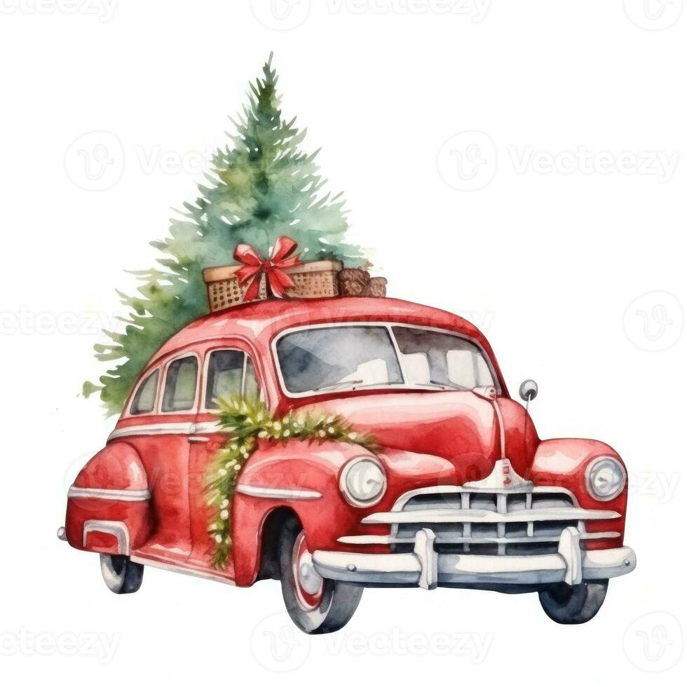 mignonne Noël aquarelle rouge rétro voiture avec Noël arbre mensonges sur il isolé photo