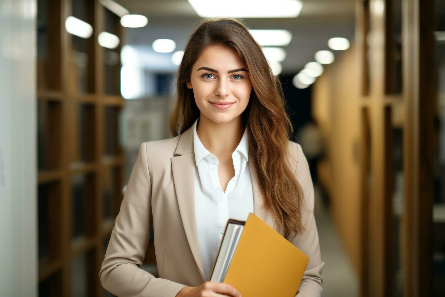 magnifique Jeune professionnel femme en portant Bureau dossier tandis que permanent dans le conférence pièce photo