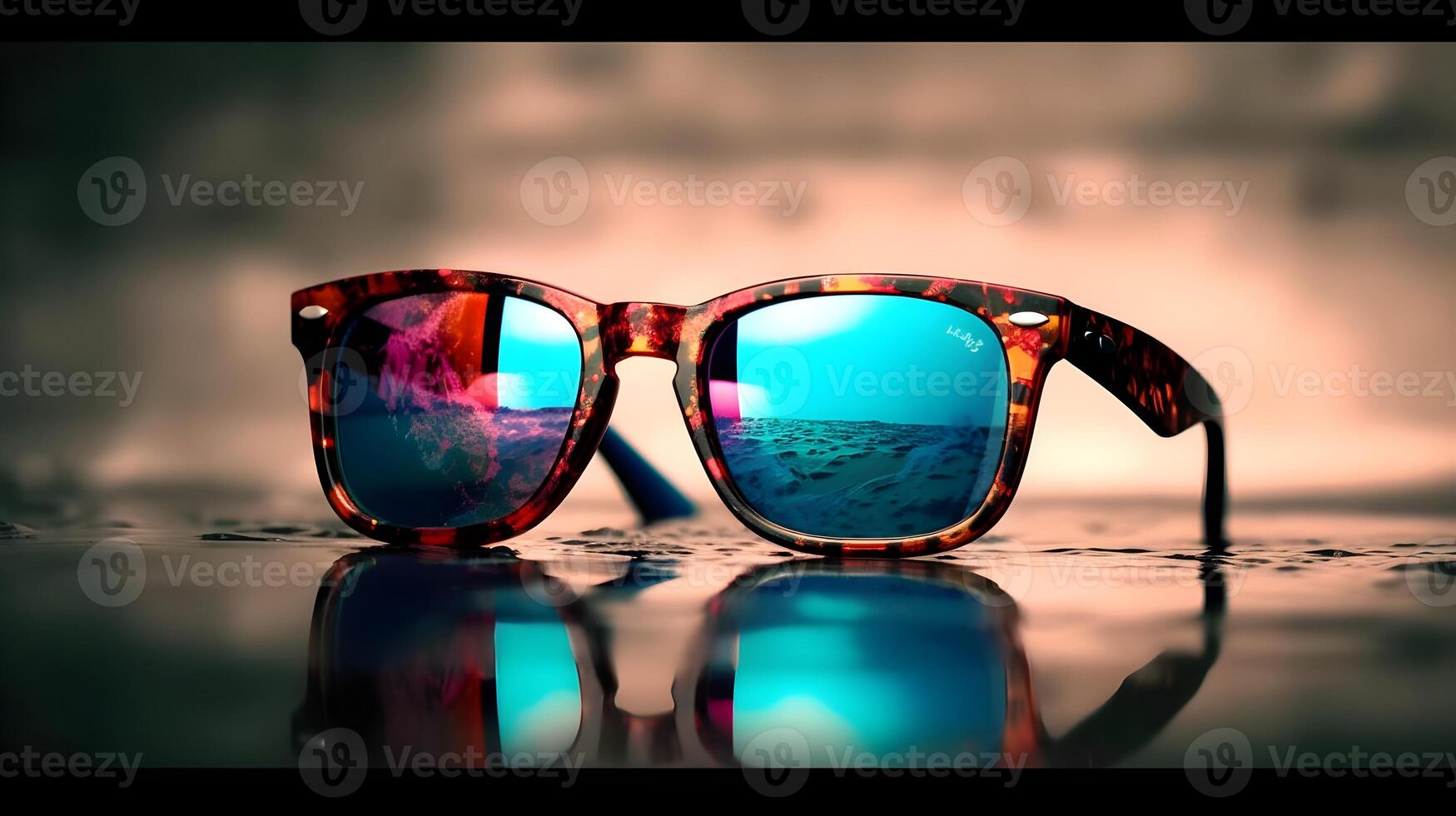 fantaisie branché modeste Feu Couleur bleu réfléchissant lentille homme ou femme attrayant Soleil des lunettes à le plage, perdu et a trouvé concept, disparu la personne concept, noyer, vacances ou luxe concept. ai généré photo