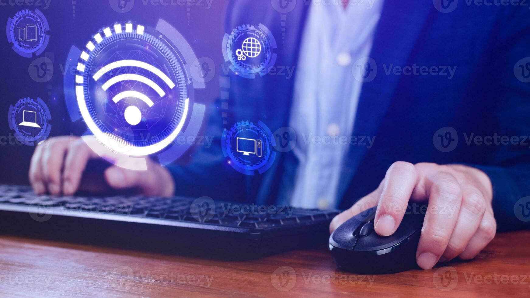 homme d'affaire en utilisant émouvant avec Wifi icône. social réseau affaires la communication concept, Wifi sans fil concept gratuit réseau l'Internet concept. photo