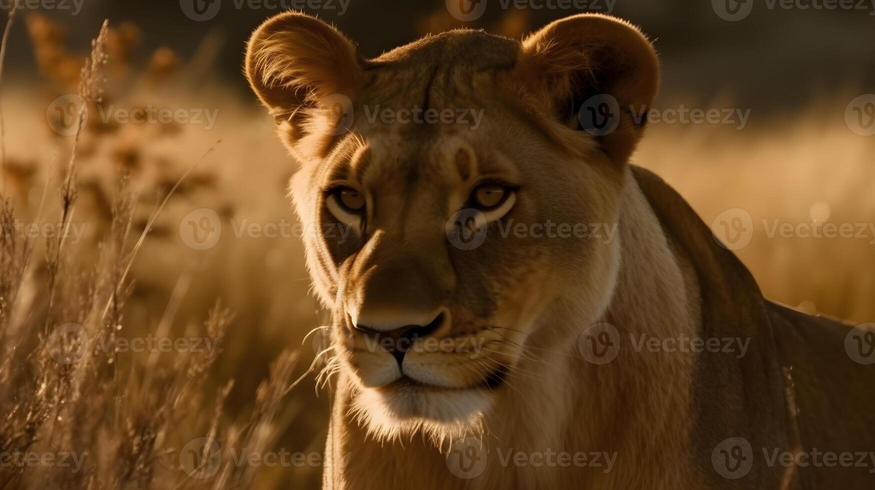 proche en haut portrait de côté visage féroce carnivore femelle lion, regard ou à la recherche tout droit vers l'avant à le savane désert Contexte. ai généré photo