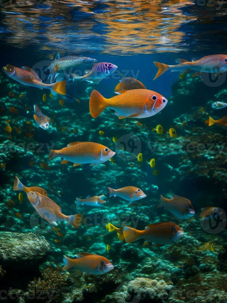 une groupe de poisson nager dans le océan ai généré photo