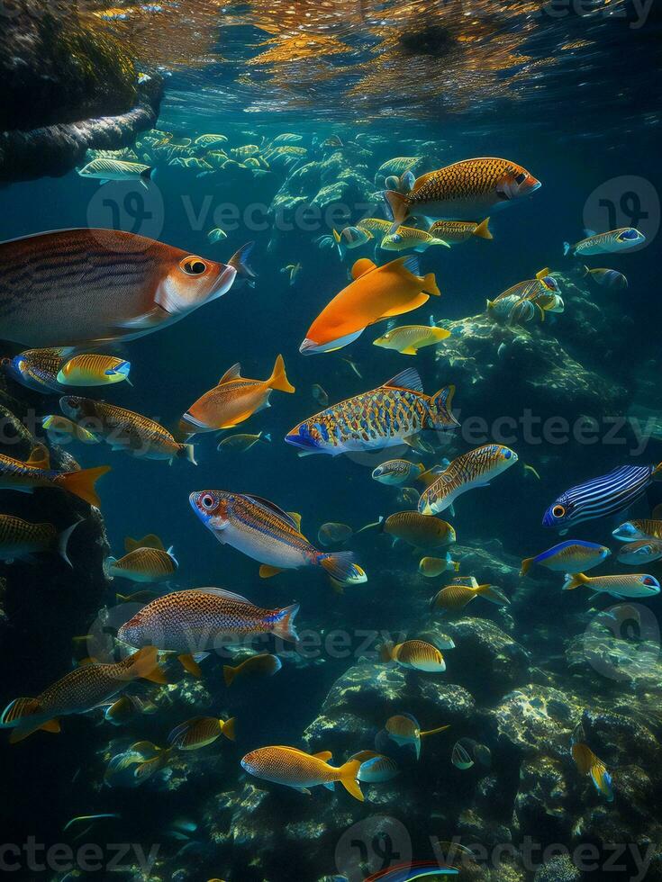 une groupe de poisson nager dans le océan ai généré photo