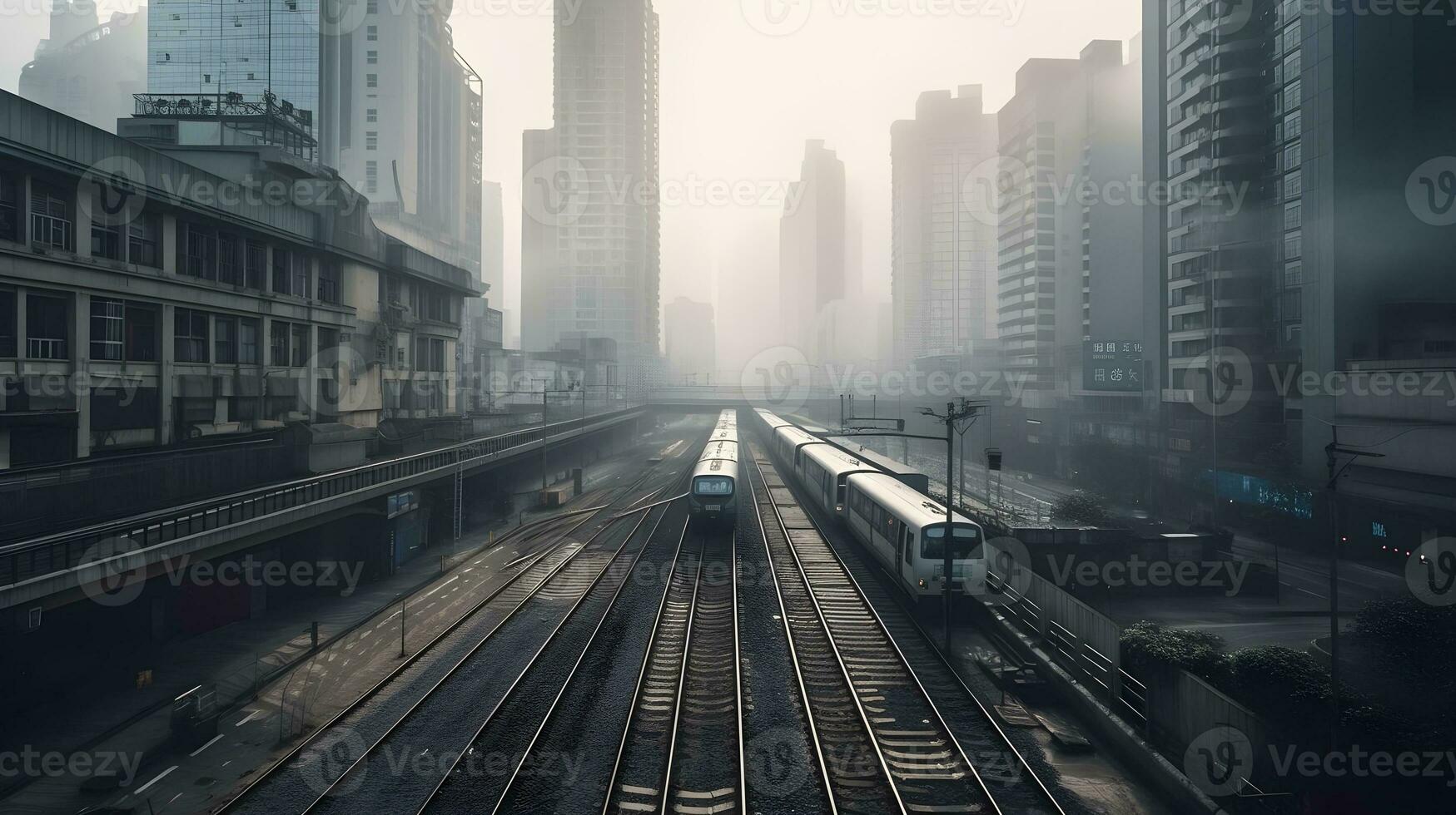 paysage urbain avec grattes ciels, Bureau bâtiments, rail des pistes, et  brouillard dans le Urbain zone. ai généré 27122901 Photo de stock chez  Vecteezy